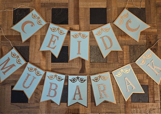 Eid Mubarak Banner, Rose Gold Glitter, Mint Green Cardstock