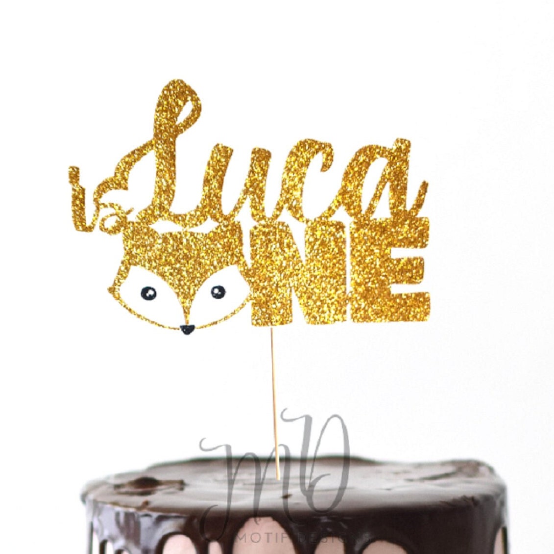 Personalized Fox First Birthday Cake Topper, Glitter Cardstock