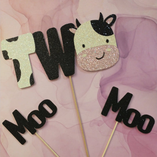 TWO Cake Topper, Cow Birthday, Rose Gold Glitter Cardstock