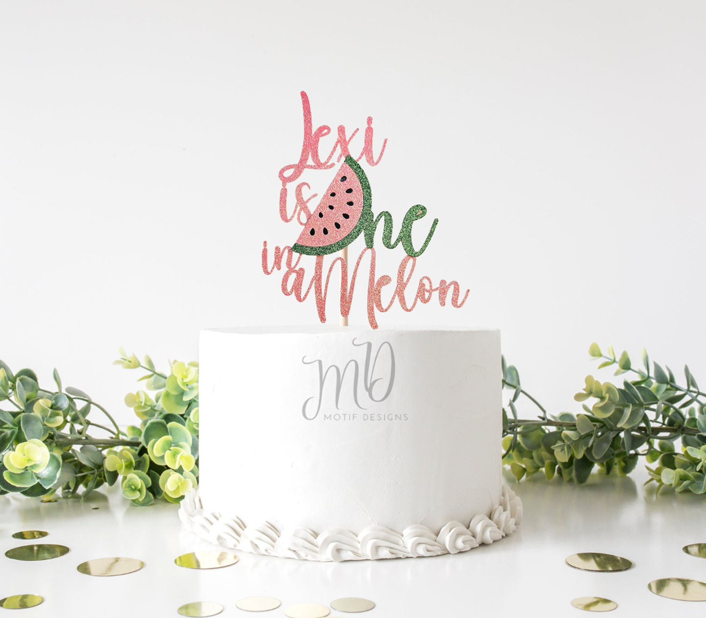 Watermelon 1st Birthday Cake Topper: Glitter Cardstock "One in a Melon"