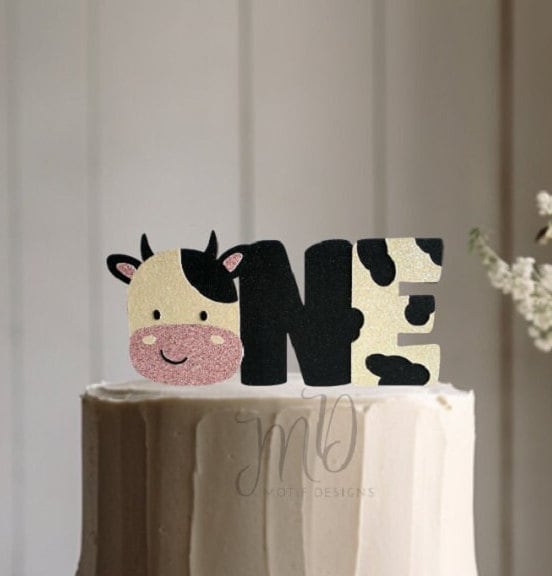 Cow 1st Birthday Cake Topper, Rose Gold Glitter