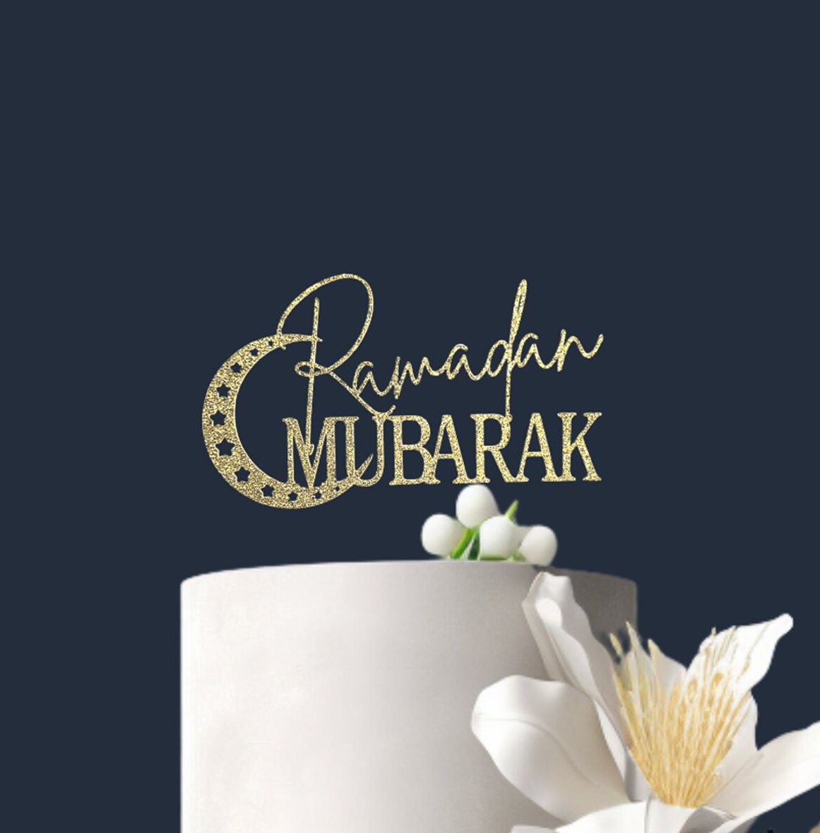 Ramadan Mubarak Cake Topper, Metallic Gold Cardstock Decoration