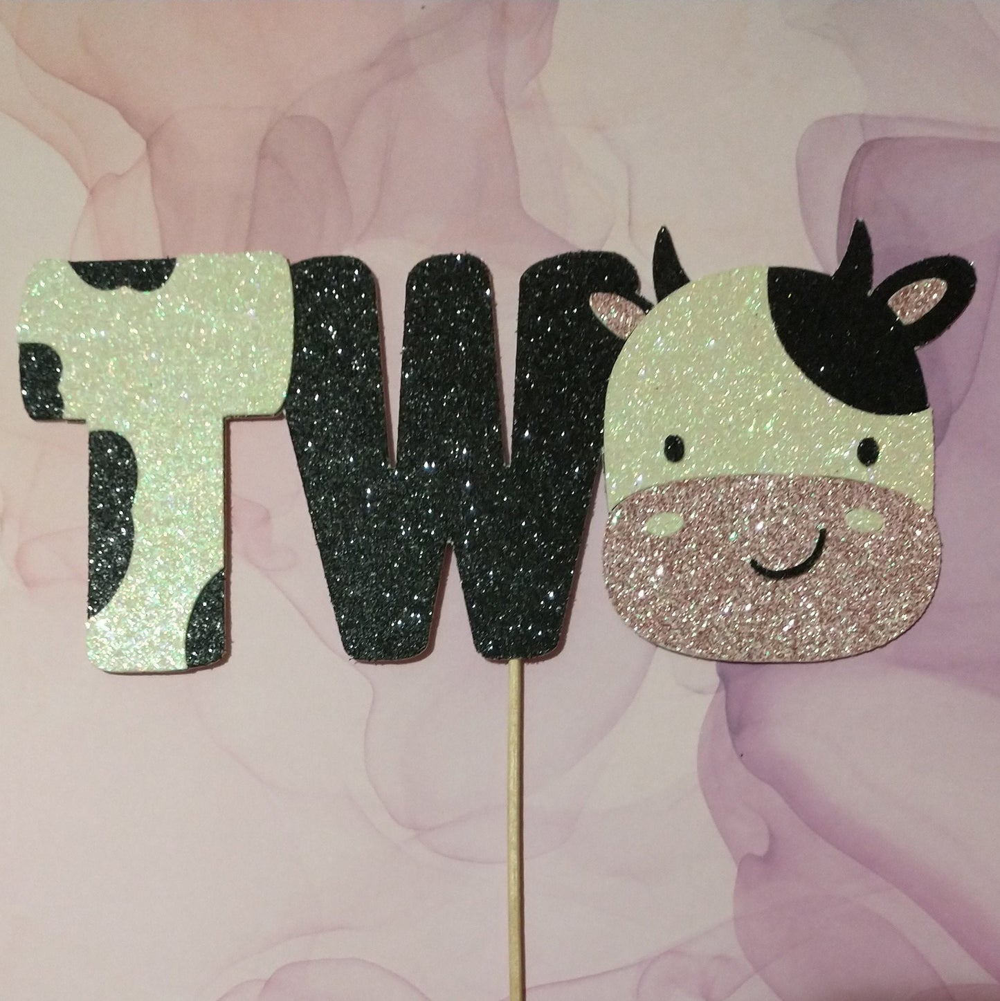TWO Cake Topper, Cow Birthday, Rose Gold Glitter Cardstock