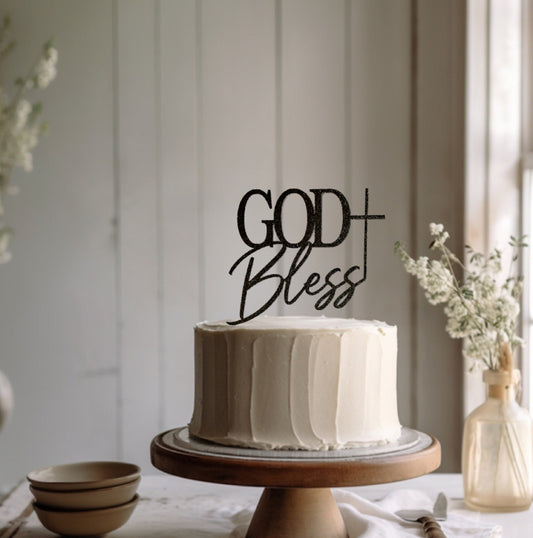 God Bless Cake Topper, Glitter Baptism Party Decor