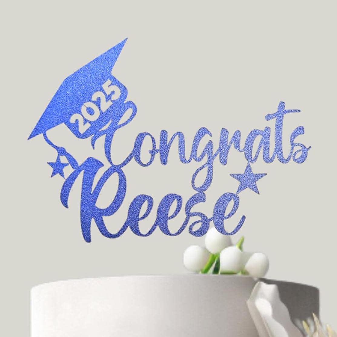 Custom Name Graduation Cake Topper, Glitter Congrats