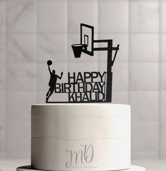 Personalized Basketball Birthday Cake Topper, Black Glitter Cardstock