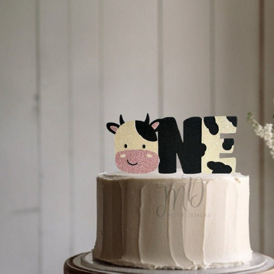 Cow 1st Birthday Cake Topper, Rose Gold Glitter