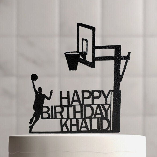 Personalized Basketball Birthday Cake Topper, Black Glitter Cardstock