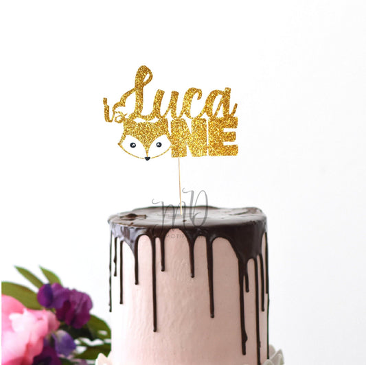 Personalized Fox First Birthday Cake Topper, Glitter Cardstock