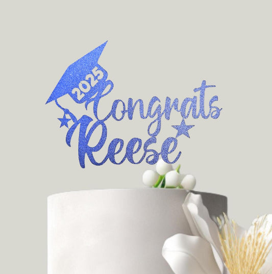 Custom Name Graduation Cake Topper, Glitter Congrats