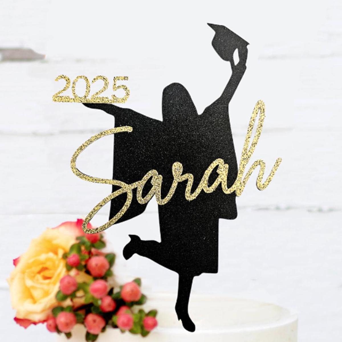 Custom Glitter Graduation Cake Topper, Girl Grad Party Decor