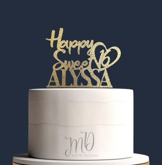Custom Sweet 16 Glitter Cake Topper, Personalized Name