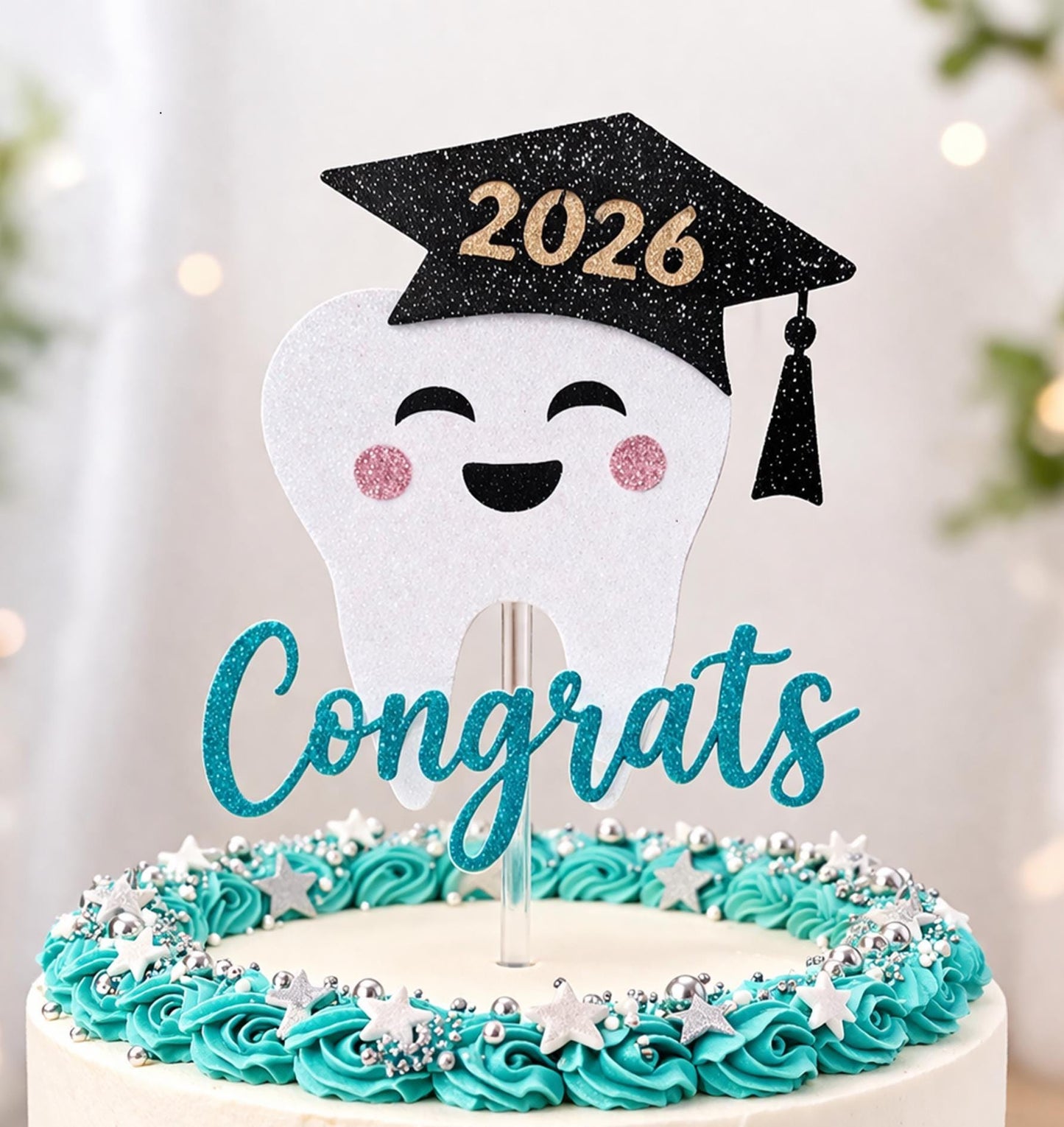 Dental Graduation Cake Topper, Tooth Congrats Party Decor, Glitter Cardstock (2026)