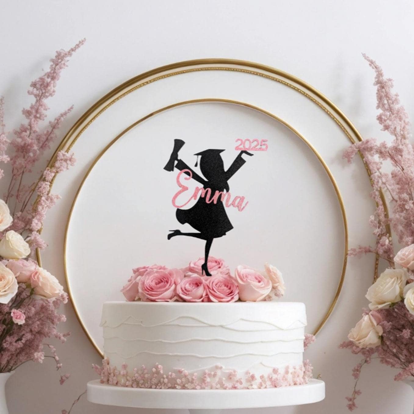 Personalized Glitter Graduation Cake Topper: Girl Grad Party Decor