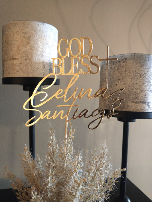 God Bless Cake Topper, Gold Baptism Decor, Custom Name