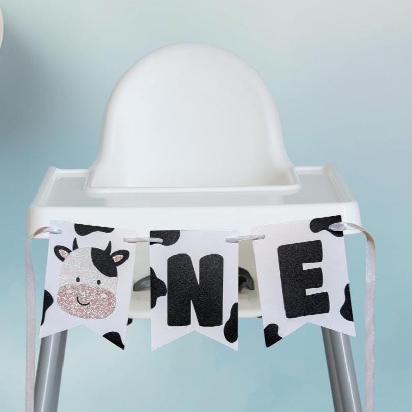 Cow First Birthday High Chair Banner, Farm Party Decor, Cow Banner, High Chair Banner.