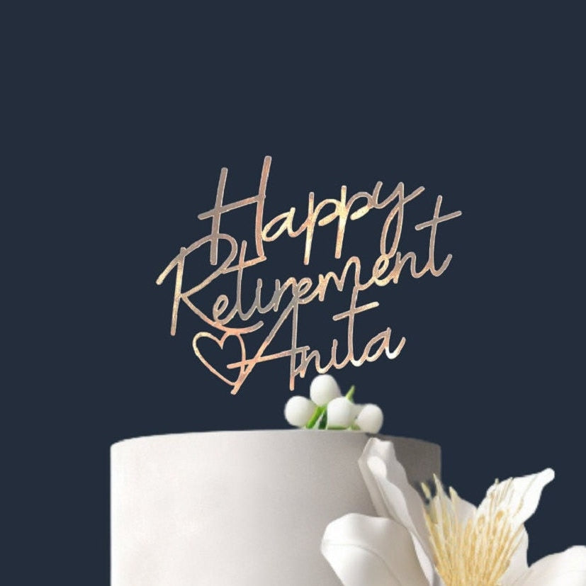 Personalized Retirement Cake Topper, Metallic Gold Cardstock