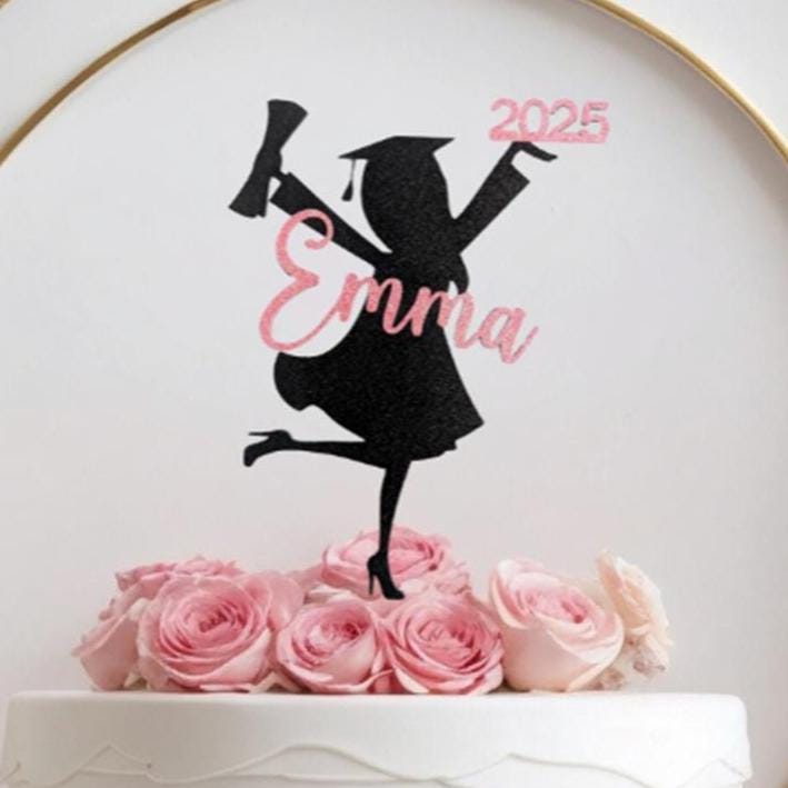 Personalized Glitter Graduation Cake Topper: Girl Grad Party Decor