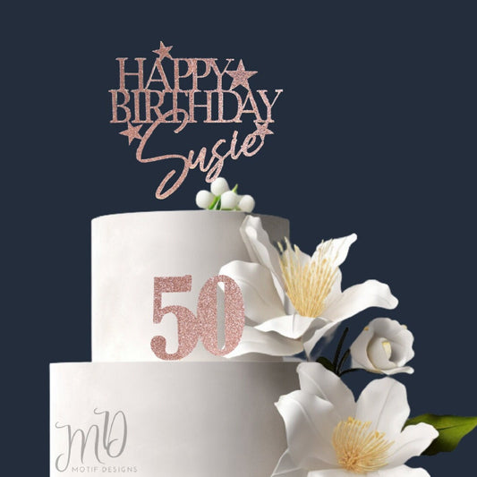 Custom Glitter Happy Birthday Cake Topper - Name & Age