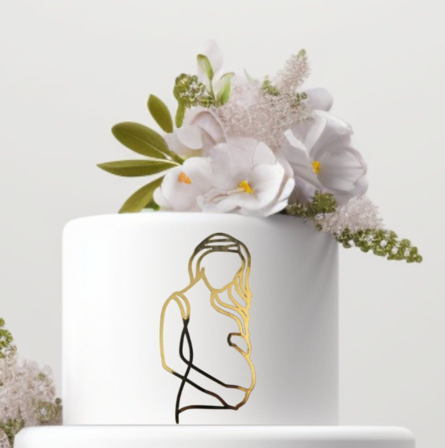 Line Art Pregnant Woman Cake Charm: Metallic Cardstock Baby Shower Decor