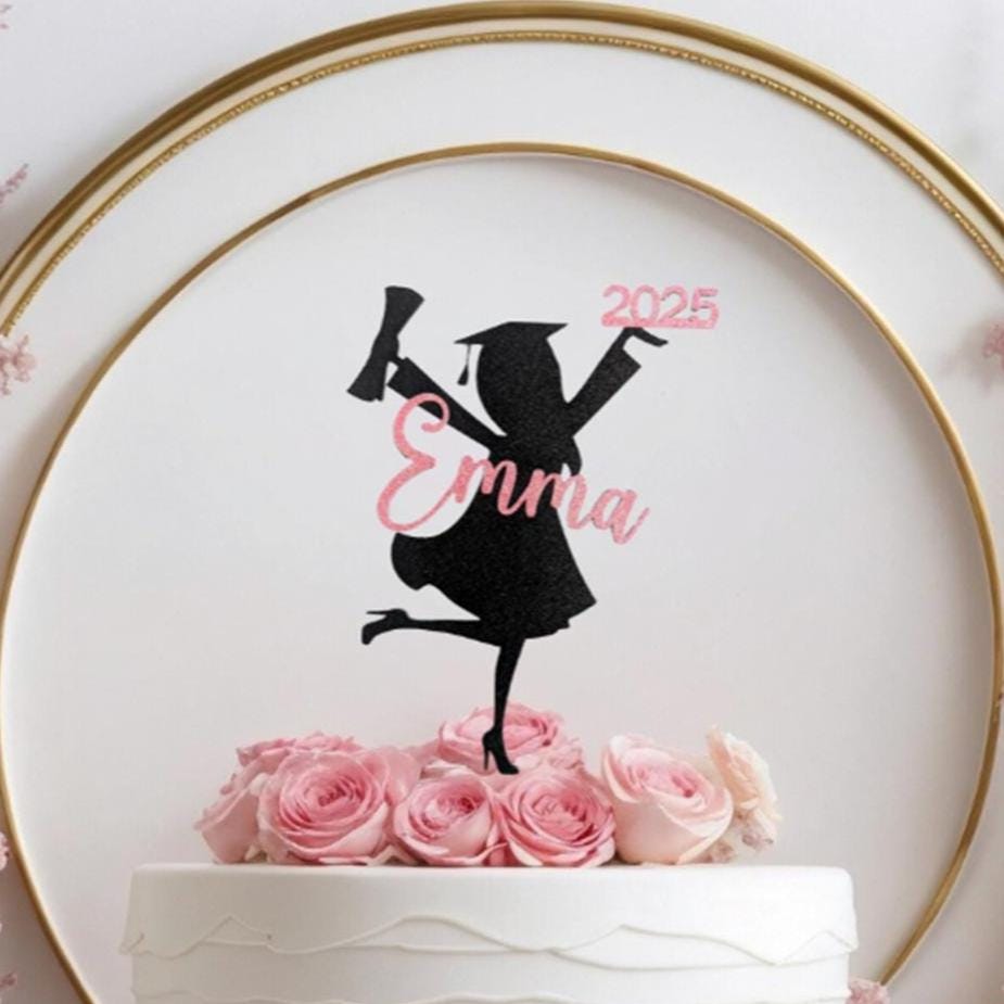 Personalized Glitter Graduation Cake Topper: Girl Grad Party Decor