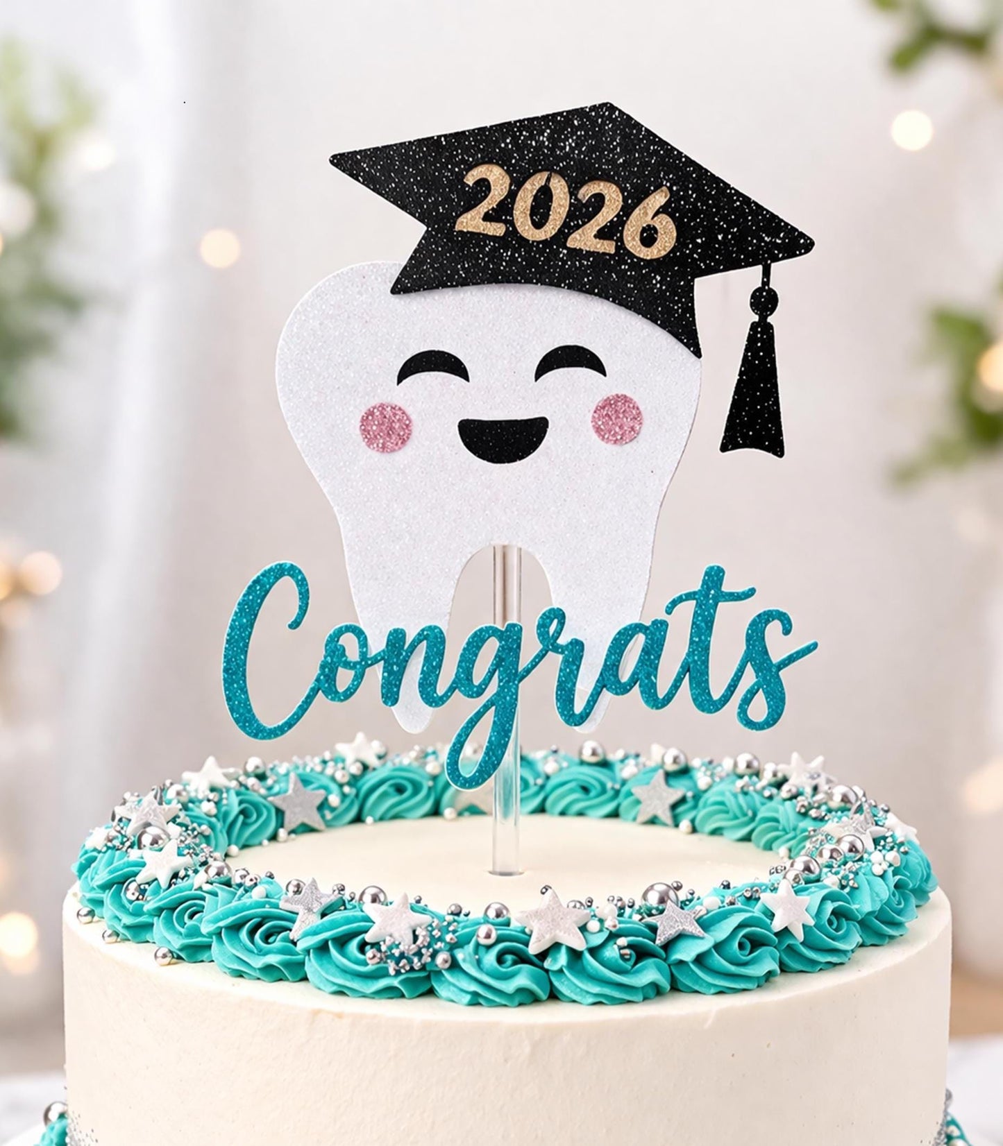 Dental Graduation Cake Topper, Tooth Congrats Party Decor, Glitter Cardstock (2026)