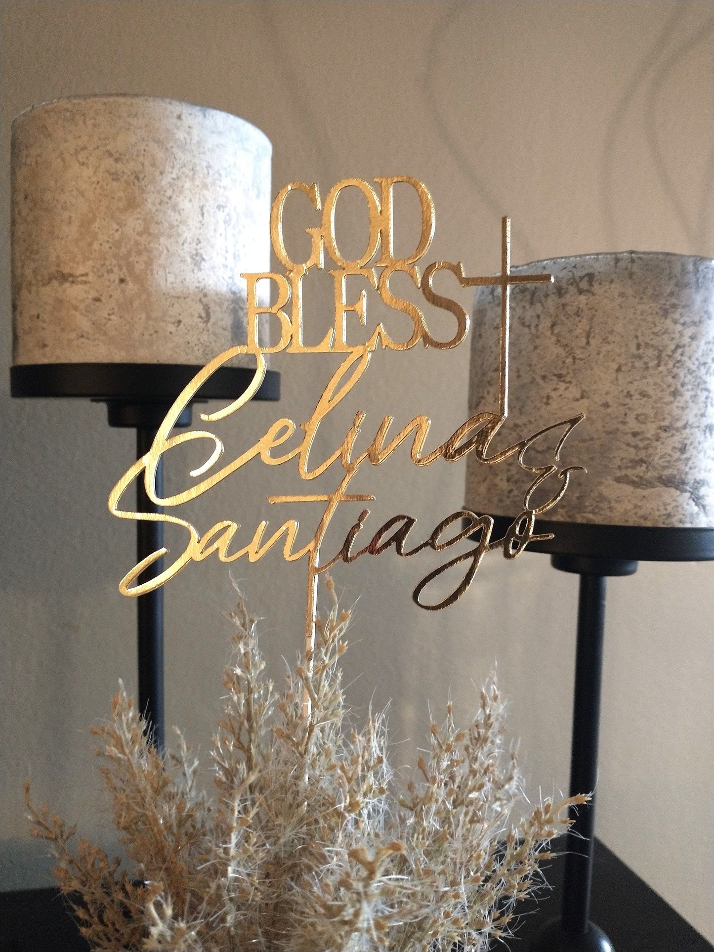 God Bless Cake Topper, Gold Baptism Decor, Custom Name