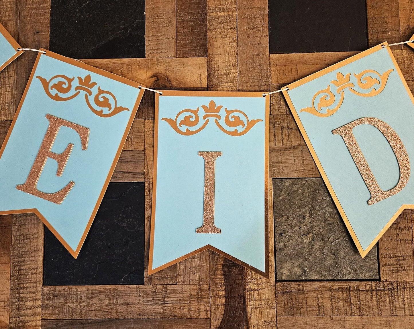 Eid Mubarak Banner, Rose Gold Glitter, Mint Green Cardstock