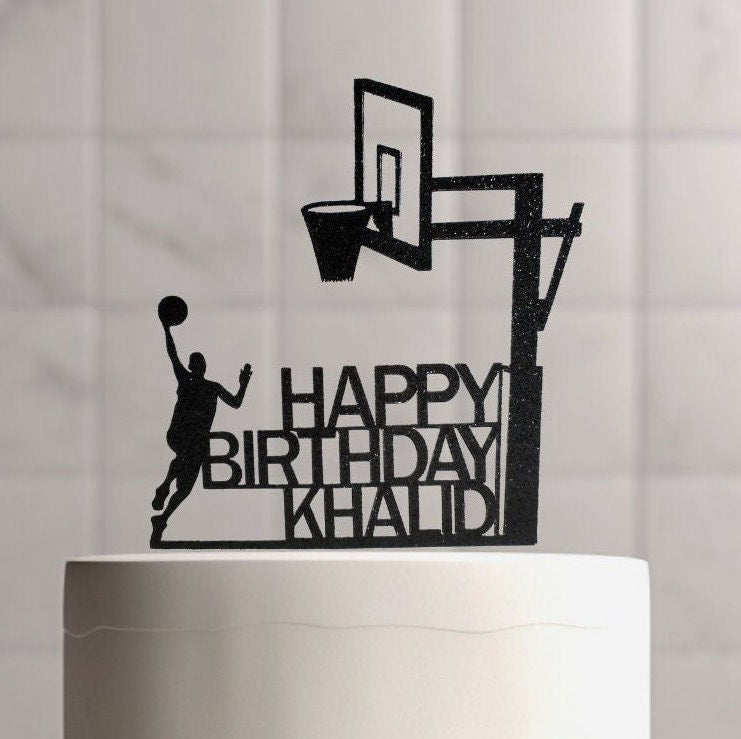 Personalized Basketball Birthday Cake Topper, Black Glitter Cardstock