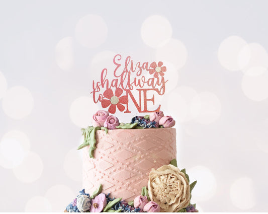 Custom Halfway to One Cake Topper: Glitter Cardstock, Acrylic Stick