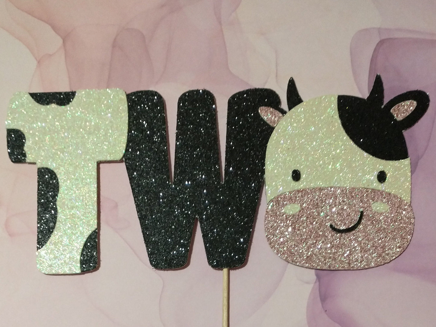 TWO Cake Topper, Cow Birthday, Rose Gold Glitter Cardstock
