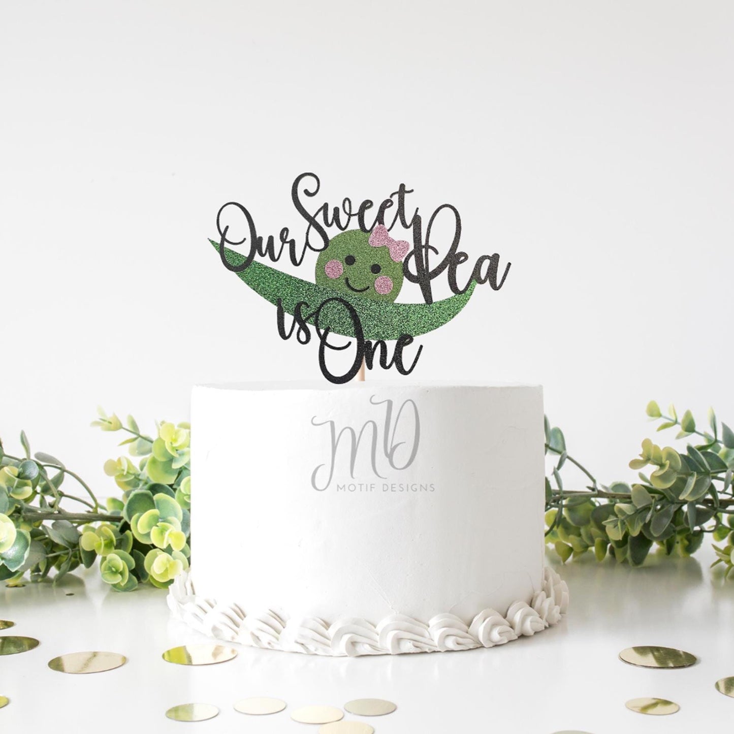Sweet Pea First Birthday Cake Topper, Glitter Cardstock