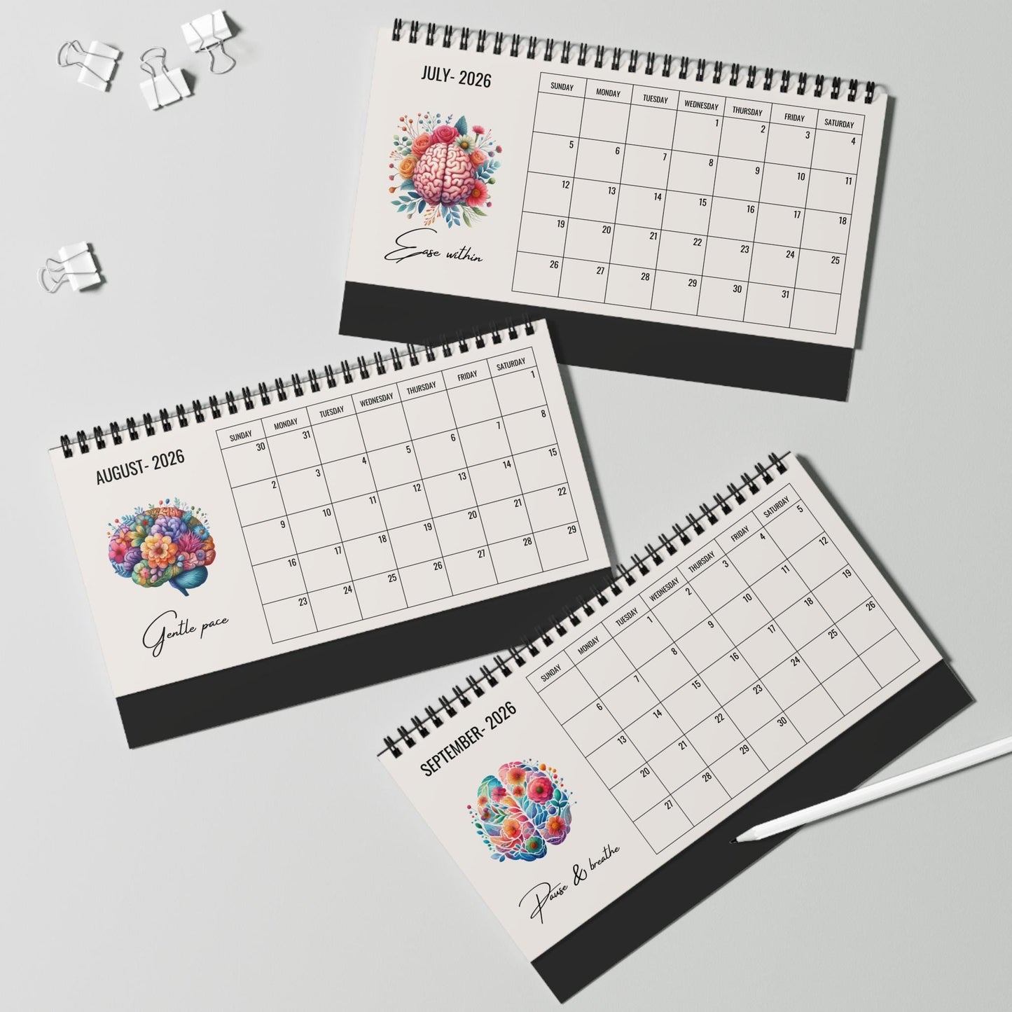 Desktop Calendar, 2026 Mental Health Desk Calendar, Floral Brain Art, Mindfulness & Self Care Calendar, Therapist Office Gift.